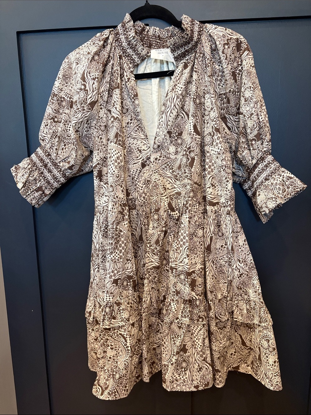 682. Hyacinth House Smocked Neck Brown & Cream Printed Mini Dress